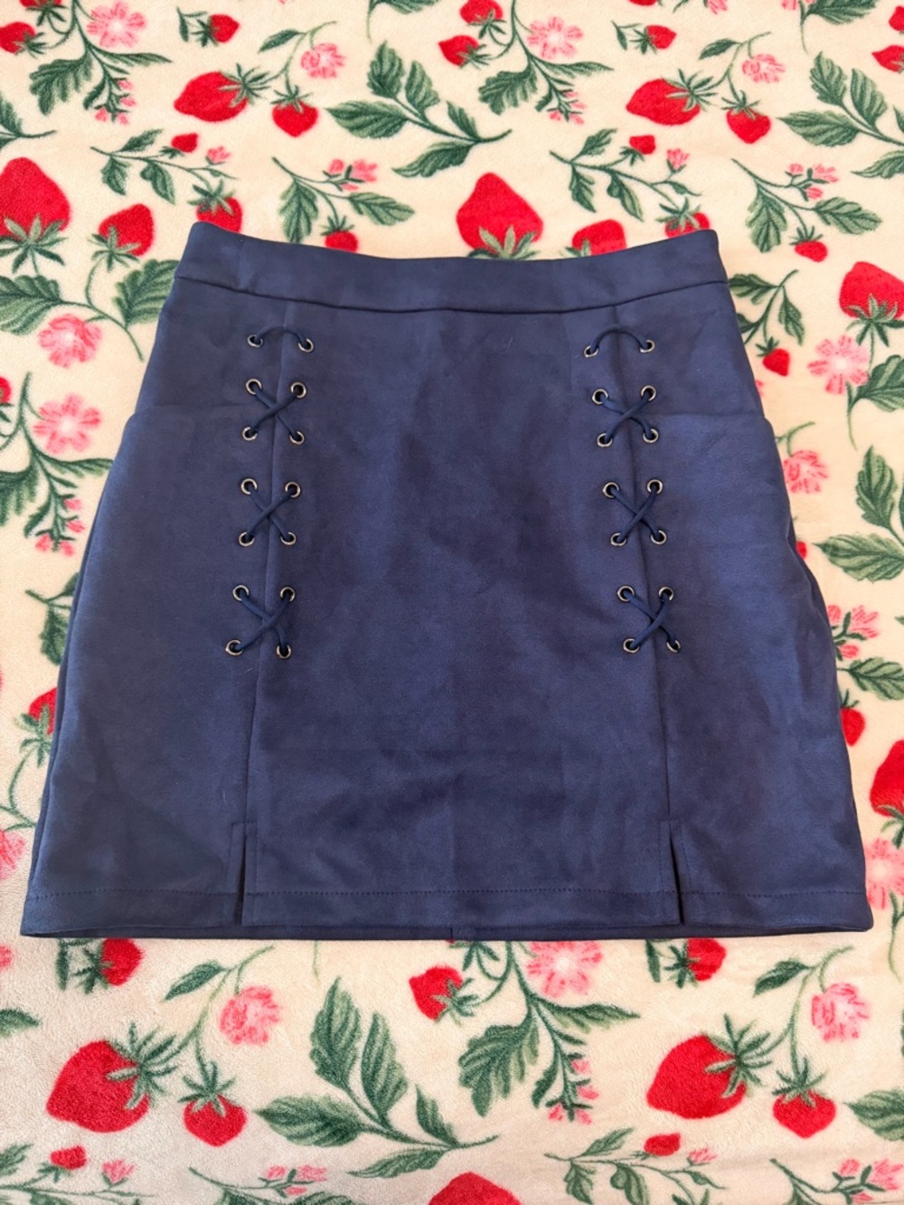 Navy Lace-Up Suede Mini Skirt